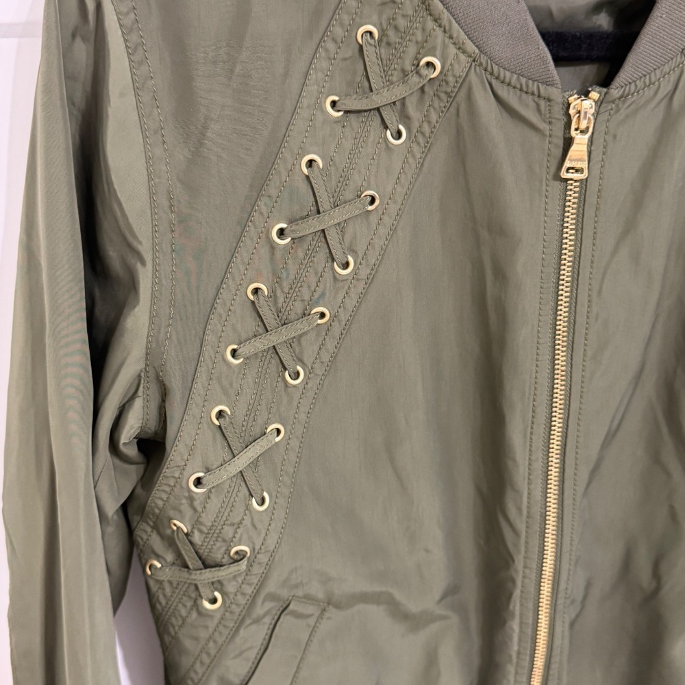 Express Olive Green Lace Up Bomber Jacket Size Small Utility Chic - Picture 5 of 8